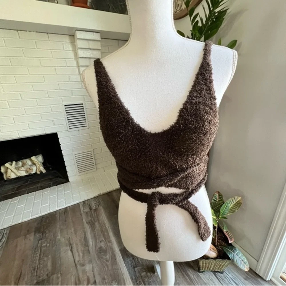 Out From Under  NWT Sz Small Brown Fuzzy Knit Wrap Tie Crop Top Deep V Neck